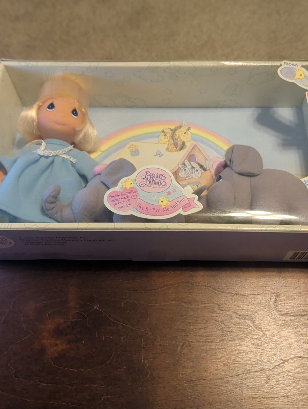 Precious Moments Blonde Doll in Light Blue Dress with Gray Elephant Plush